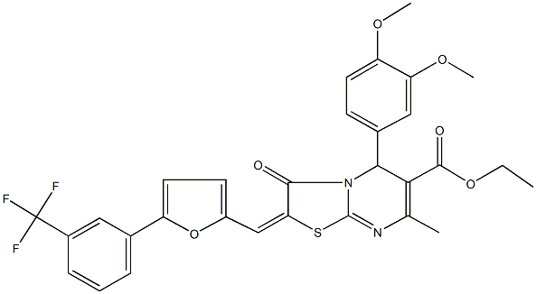 ethyl 5-(3,4-dimethoxyphenyl)-7-methyl-3-oxo-2-({5-[3-(trifluoromethyl)phenyl]-2-furyl}methylene)-2,3-dihydro-5H-[1,3]thiazolo[3,2-a]pyrimidine-6-carboxylate Struktur