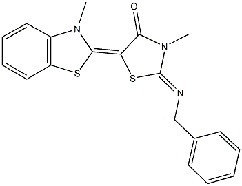 2-(benzylimino)-3-methyl-5-(3-methyl-1,3-benzothiazol-2(3H)-ylidene)-1,3-thiazolidin-4-one Struktur