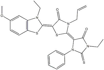 3-allyl-5-(3-ethyl-5-methoxy-1,3-benzothiazol-2(3H)-ylidene)-2-(1-ethyl-5-oxo-3-phenyl-2-thioxo-4-imidazolidinylidene)-1,3-thiazolidin-4-one Struktur