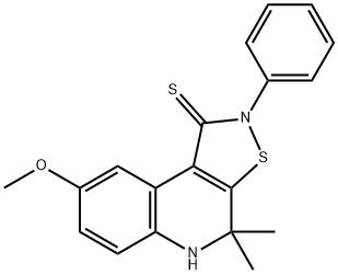 8-methoxy-4,4-dimethyl-2-phenyl-4,5-dihydroisothiazolo[5,4-c]quinoline-1(2H)-thione Struktur