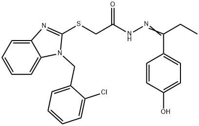 2-{[1-(2-chlorobenzyl)-1H-benzimidazol-2-yl]sulfanyl}-N'-[1-(4-hydroxyphenyl)propylidene]acetohydrazide Struktur