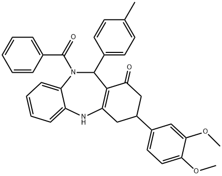 10-benzoyl-3-(3,4-dimethoxyphenyl)-11-(4-methylphenyl)-2,3,4,5,10,11-hexahydro-1H-dibenzo[b,e][1,4]diazepin-1-one Struktur