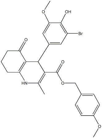 4-methoxybenzyl 4-(3-bromo-4-hydroxy-5-methoxyphenyl)-2-methyl-5-oxo-1,4,5,6,7,8-hexahydro-3-quinolinecarboxylate Struktur