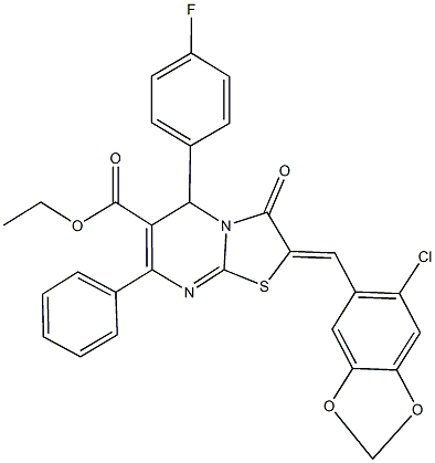 ethyl 2-[(6-chloro-1,3-benzodioxol-5-yl)methylene]-5-(4-fluorophenyl)-3-oxo-7-phenyl-2,3-dihydro-5H-[1,3]thiazolo[3,2-a]pyrimidine-6-carboxylate Struktur