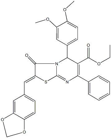 ethyl 2-(1,3-benzodioxol-5-ylmethylene)-5-(3,4-dimethoxyphenyl)-3-oxo-7-phenyl-2,3-dihydro-5H-[1,3]thiazolo[3,2-a]pyrimidine-6-carboxylate Struktur