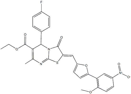 ethyl 5-(4-fluorophenyl)-2-[(5-{5-nitro-2-methoxyphenyl}-2-furyl)methylene]-7-methyl-3-oxo-2,3-dihydro-5H-[1,3]thiazolo[3,2-a]pyrimidine-6-carboxylate Struktur