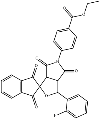 ethyl 4-(1-(2-fluorophenyl)-1',3',4,6(2'H)-tetraoxo-3a,4,6,6a-tetrahydrospiro[1H-furo[3,4-c]pyrrole-3,2'-(1'H)-indene]-5(3H)-yl)benzoate Struktur