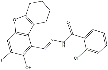 2-chloro-N'-[(2-hydroxy-3-iodo-6,7,8,9-tetrahydrodibenzo[b,d]furan-1-yl)methylene]benzohydrazide Struktur