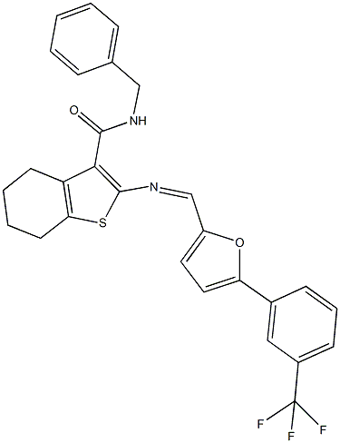 N-benzyl-2-[({5-[3-(trifluoromethyl)phenyl]-2-furyl}methylene)amino]-4,5,6,7-tetrahydro-1-benzothiophene-3-carboxamide Struktur