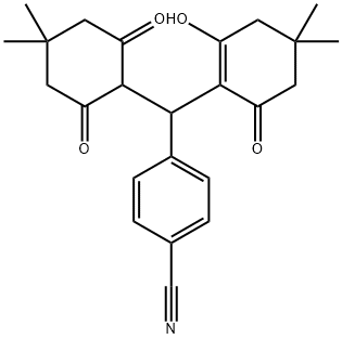 4-[(4,4-dimethyl-2,6-dioxocyclohexyl)(2-hydroxy-4,4-dimethyl-6-oxo-1-cyclohexen-1-yl)methyl]benzonitrile Struktur