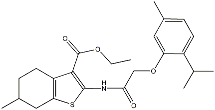 ethyl 2-{[(2-isopropyl-5-methylphenoxy)acetyl]amino}-6-methyl-4,5,6,7-tetrahydro-1-benzothiophene-3-carboxylate Struktur