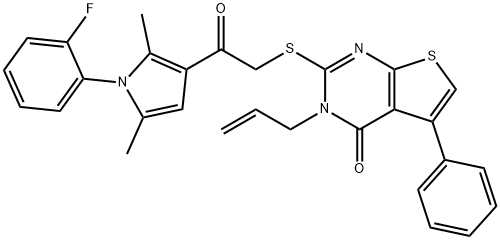 3-allyl-2-({2-[1-(2-fluorophenyl)-2,5-dimethyl-1H-pyrrol-3-yl]-2-oxoethyl}sulfanyl)-5-phenylthieno[2,3-d]pyrimidin-4(3H)-one Struktur