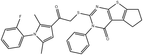 2-({2-[1-(2-fluorophenyl)-2,5-dimethyl-1H-pyrrol-3-yl]-2-oxoethyl}sulfanyl)-3-phenyl-3,5,6,7-tetrahydro-4H-cyclopenta[4,5]thieno[2,3-d]pyrimidin-4-one Struktur