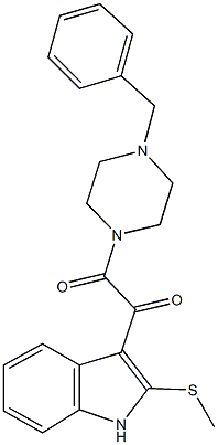 2-(4-benzyl-1-piperazinyl)-1-[2-(methylsulfanyl)-1H-indol-3-yl]-2-oxoethanone Struktur