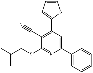 2-((2-methylprop-2-enyl)sulfanyl)-6-phenyl-4-thiophen-2-ylpyridine-3-carbonitrile Struktur