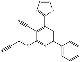 2-[(cyanomethyl)sulfanyl]-6-phenyl-4-(2-thienyl)nicotinonitrile Struktur