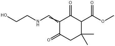 methyl 5-{[(2-hydroxyethyl)amino]methylene}-2,2-dimethyl-4,6-dioxocyclohexanecarboxylate Struktur