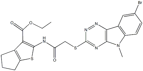 ethyl 2-({[(8-bromo-5-methyl-5H-[1,2,4]triazino[5,6-b]indol-3-yl)sulfanyl]acetyl}amino)-5,6-dihydro-4H-cyclopenta[b]thiophene-3-carboxylate Struktur