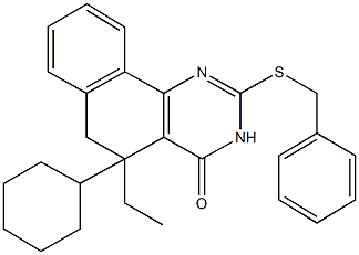 2-(benzylsulfanyl)-5-cyclohexyl-5-ethyl-5,6-dihydrobenzo[h]quinazolin-4(3H)-one Struktur