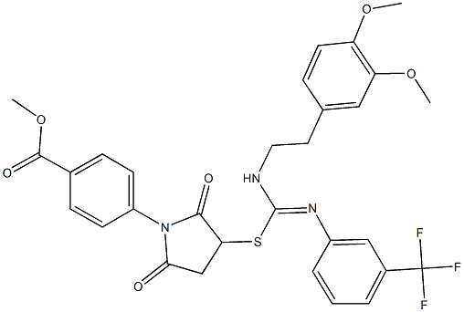 methyl 4-{3-[({[2-(3,4-dimethoxyphenyl)ethyl]amino}{[3-(trifluoromethyl)phenyl]imino}methyl)sulfanyl]-2,5-dioxo-1-pyrrolidinyl}benzoate Struktur