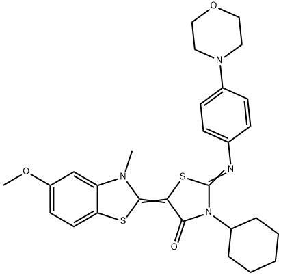 3-cyclohexyl-5-(5-methoxy-3-methyl-1,3-benzothiazol-2(3H)-ylidene)-2-{[4-(4-morpholinyl)phenyl]imino}-1,3-thiazolidin-4-one Struktur