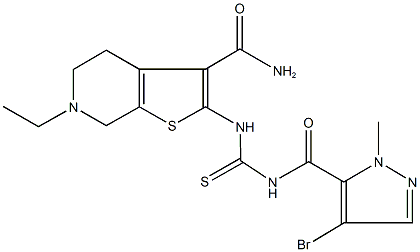 2-[({[(4-bromo-1-methyl-1H-pyrazol-5-yl)carbonyl]amino}carbothioyl)amino]-6-ethyl-4,5,6,7-tetrahydrothieno[2,3-c]pyridine-3-carboxamide Struktur