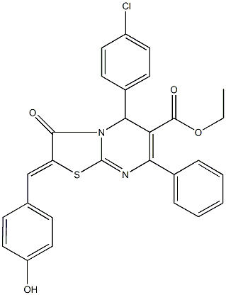 ethyl 5-(4-chlorophenyl)-2-(4-hydroxybenzylidene)-3-oxo-7-phenyl-2,3-dihydro-5H-[1,3]thiazolo[3,2-a]pyrimidine-6-carboxylate Struktur