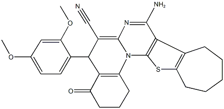 8-amino-5-(2,4-dimethoxyphenyl)-4-oxo-1,3,4,5,10,11,12,13-octahydro-2H,9H-cyclohepta[4',5']thieno[3',2':5,6]pyrimido[1,2-a]quinoline-6-carbonitrile Struktur