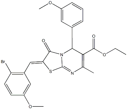 ethyl 2-(2-bromo-5-methoxybenzylidene)-5-(3-methoxyphenyl)-7-methyl-3-oxo-2,3-dihydro-5H-[1,3]thiazolo[3,2-a]pyrimidine-6-carboxylate Struktur