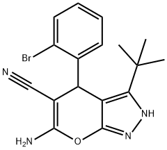 6-amino-4-(2-bromophenyl)-3-tert-butyl-1,4-dihydropyrano[2,3-c]pyrazole-5-carbonitrile Struktur