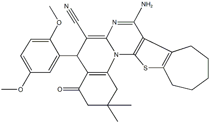 8-amino-5-(2,5-dimethoxyphenyl)-2,2-dimethyl-4-oxo-1,3,4,5,10,11,12,13-octahydro-2H,9H-cyclohepta[4',5']thieno[3',2':5,6]pyrimido[1,2-a]quinoline-6-carbonitrile Struktur