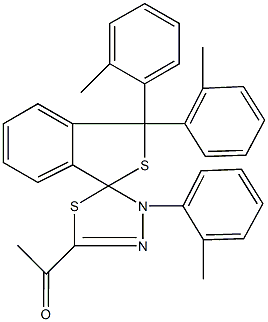 1-[1,1,4'-tris(2-methylphenyl)-1,3,4',5'-tetrahydrospiro(2-benzothiophene-3,5'-[1,3,4]-thiadiazole)-2'-yl]ethanone Struktur