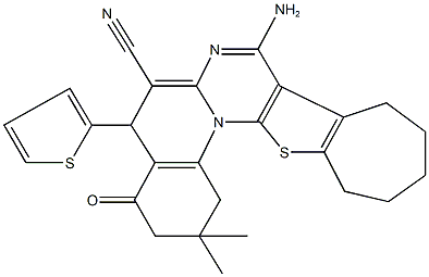 8-amino-2,2-dimethyl-4-oxo-5-(2-thienyl)-1,3,4,5,10,11,12,13-octahydro-2H,9H-cyclohepta[4',5']thieno[3',2':5,6]pyrimido[1,2-a]quinoline-6-carbonitrile Struktur