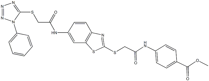 methyl 4-[({[6-({[(1-phenyl-1H-tetraazol-5-yl)sulfanyl]acetyl}amino)-1,3-benzothiazol-2-yl]sulfanyl}acetyl)amino]benzoate Struktur