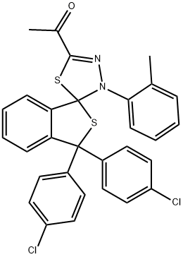 1-[1,1-bis(4-chlorophenyl)-4'-(2-methylphenyl)-1,3,4',5'-tetrahydrospiro(2-benzothiophene-3,5'-[1,3,4]-thiadiazole)-2'-yl]ethanone Struktur