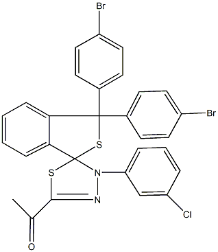 1-[1,1-bis(4-bromophenyl)-4'-(3-chlorophenyl)-1,3,4',5'-tetrahydrospiro(2-benzothiophene-3,5'-[1,3,4]-thiadiazole)-2-yl]ethanone Struktur