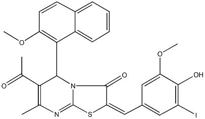 6-acetyl-2-(4-hydroxy-3-iodo-5-methoxybenzylidene)-5-(2-methoxy-1-naphthyl)-7-methyl-5H-[1,3]thiazolo[3,2-a]pyrimidin-3(2H)-one Struktur