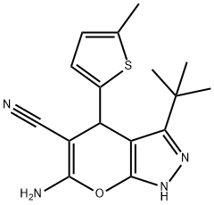 6-amino-3-tert-butyl-4-(5-methyl-2-thienyl)-1,4-dihydropyrano[2,3-c]pyrazole-5-carbonitrile Struktur