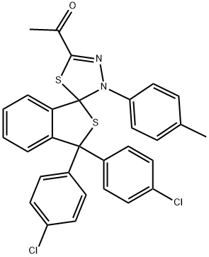 1-[1,1-bis(4-chlorophenyl)-4'-(4-methylphenyl)-1,3,4',5'-tetrahydrospiro(2-benzothiophene-3,5'-[1,3,4]-thiadiazole)-2'-yl]ethanone Struktur