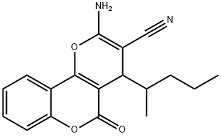 2-amino-4-(1-methylbutyl)-5-oxo-4H,5H-pyrano[3,2-c]chromene-3-carbonitrile Struktur