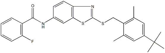 N-{2-[(4-tert-butyl-2,6-dimethylbenzyl)sulfanyl]-1,3-benzothiazol-6-yl}-2-fluorobenzamide Struktur