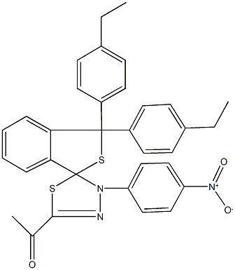 1-[1,1-bis(4-ethylphenyl)-4'-(4-nitrophenyl)-1,3,4',5'-tetrahydrospiro(2-benzothiophene-3,5'-[1,3,4]-thiadiazole)-2-yl]ethanone Struktur