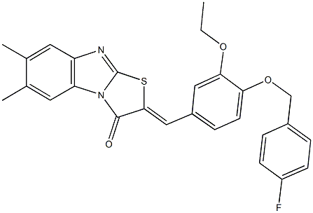 2-{3-ethoxy-4-[(4-fluorobenzyl)oxy]benzylidene}-6,7-dimethyl[1,3]thiazolo[3,2-a]benzimidazol-3(2H)-one Struktur