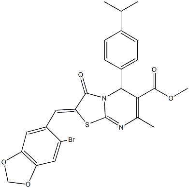 methyl 2-[(6-bromo-1,3-benzodioxol-5-yl)methylene]-5-(4-isopropylphenyl)-7-methyl-3-oxo-2,3-dihydro-5H-[1,3]thiazolo[3,2-a]pyrimidine-6-carboxylate Struktur