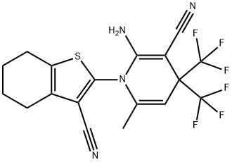 2-amino-1-(3-cyano-4,5,6,7-tetrahydro-1-benzothien-2-yl)-6-methyl-4,4-bis(trifluoromethyl)-1,4-dihydro-3-pyridinecarbonitrile Struktur