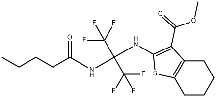 methyl 2-{[2,2,2-trifluoro-1-(pentanoylamino)-1-(trifluoromethyl)ethyl]amino}-4,5,6,7-tetrahydro-1-benzothiophene-3-carboxylate Struktur