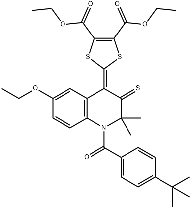 diethyl 2-(1-(4-tert-butylbenzoyl)-6-ethoxy-2,2-dimethyl-3-thioxo-2,3-dihydro-4(1H)-quinolinylidene)-1,3-dithiole-4,5-dicarboxylate Struktur