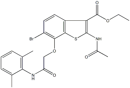 ethyl 2-(acetylamino)-6-bromo-7-[2-(2,6-dimethylanilino)-2-oxoethoxy]-1-benzothiophene-3-carboxylate Struktur