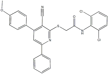 2-{[3-cyano-4-(4-methoxyphenyl)-6-phenyl-2-pyridinyl]sulfanyl}-N-(2,6-dichlorophenyl)acetamide Struktur