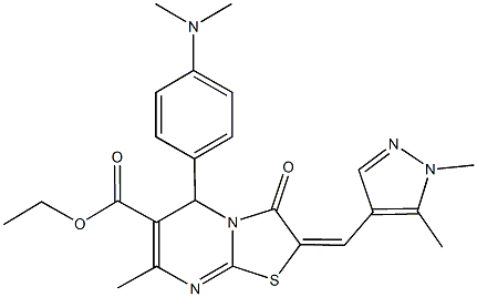 ethyl 5-[4-(dimethylamino)phenyl]-2-[(1,5-dimethyl-1H-pyrazol-4-yl)methylene]-7-methyl-3-oxo-2,3-dihydro-5H-[1,3]thiazolo[3,2-a]pyrimidine-6-carboxylate Struktur